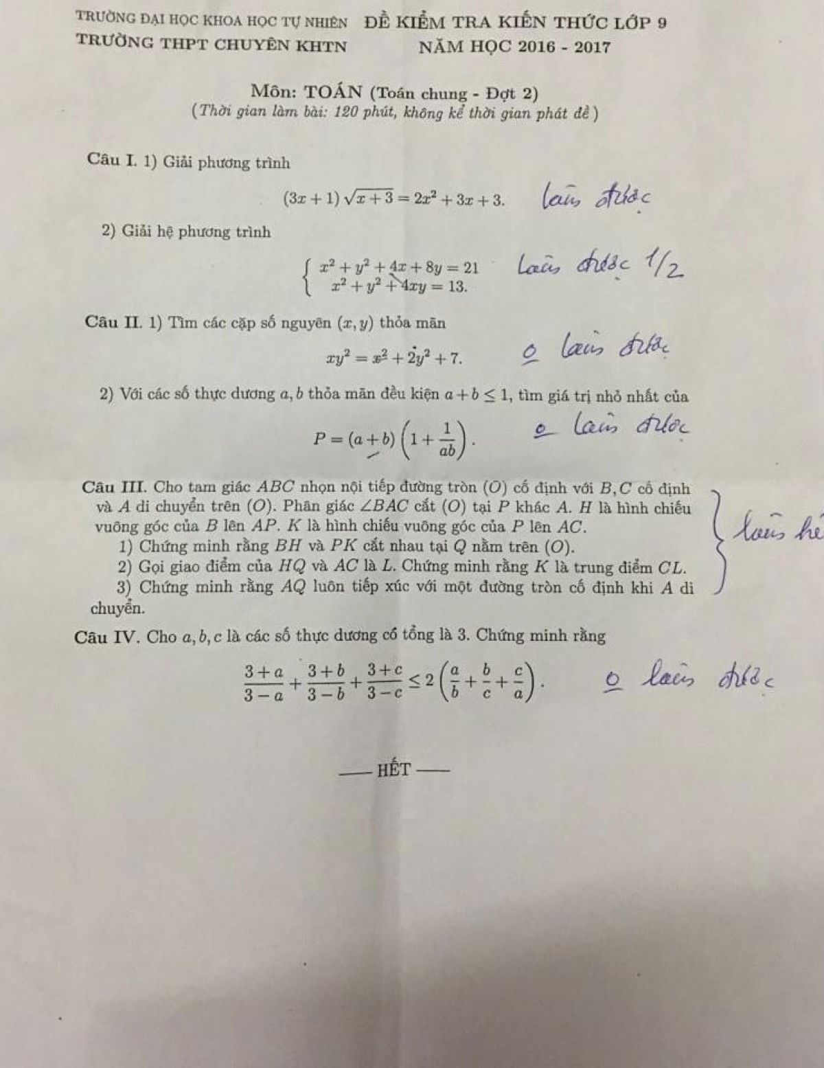 Đề kiểm tra kiến thức lớp 9 m&ocirc;n To&aacute;n đợt 2 Trường THPT CHUY&Ecirc;N KHTN năm 2016