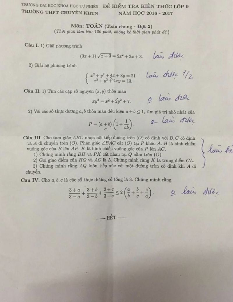 Đề kiểm tra kiến thức lớp 9 môn Toán đợt 2 Trường THPT CHUYÊN KHTN năm 2016