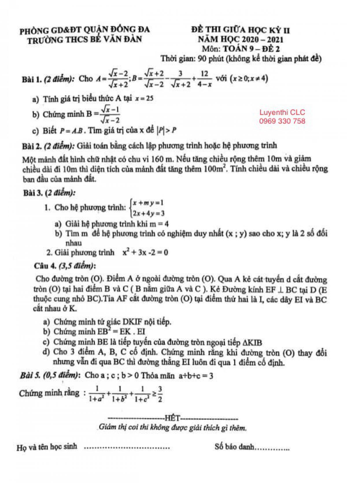 Đề thi giữa học k&igrave; II m&ocirc;n To&aacute;n lớp 9 - Đề 2 Trường THCS Bế Văn Đ&agrave;n, quận Đống Đa, H&agrave; Nội năm 2020