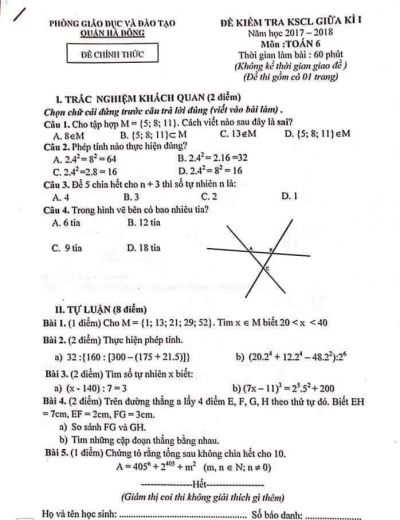 Đề KSCL giữa kì I môn Toán 6 quận Hà Đông năm 2017