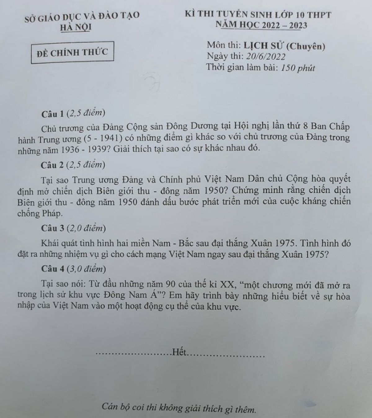 Đề thi tuyển sinh vào lớp 10 THPT môn Lịch Sử ( Chuyên ) tại Hà Nội năm 2022