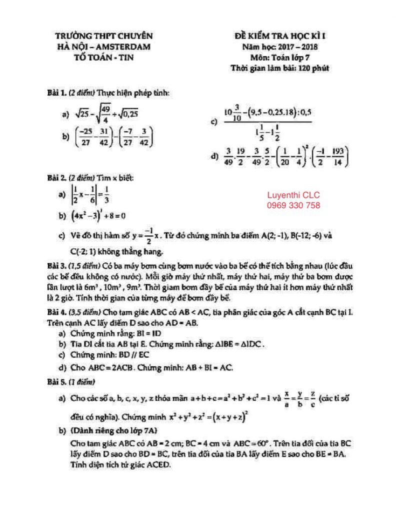 Đề kiểm tra học kì I môn Toán lớp 7 Trường THPT CHUYÊN Amsterdam năm 2017