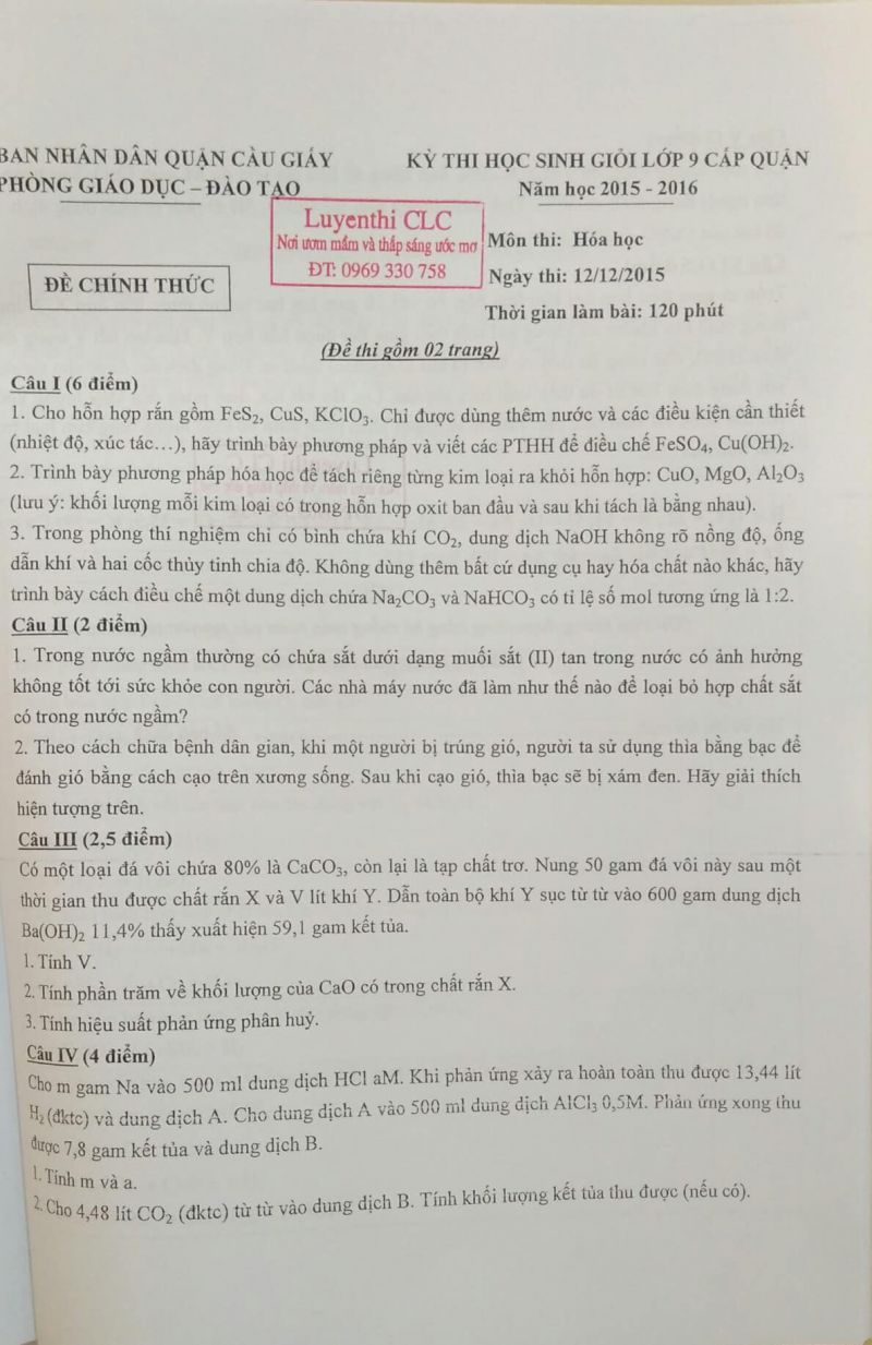 Đề thi HSG lớp 9 cấp huyện m&ocirc;n H&oacute;a Học quận Cầu Giấy, ng&agrave;y 12/12/2015