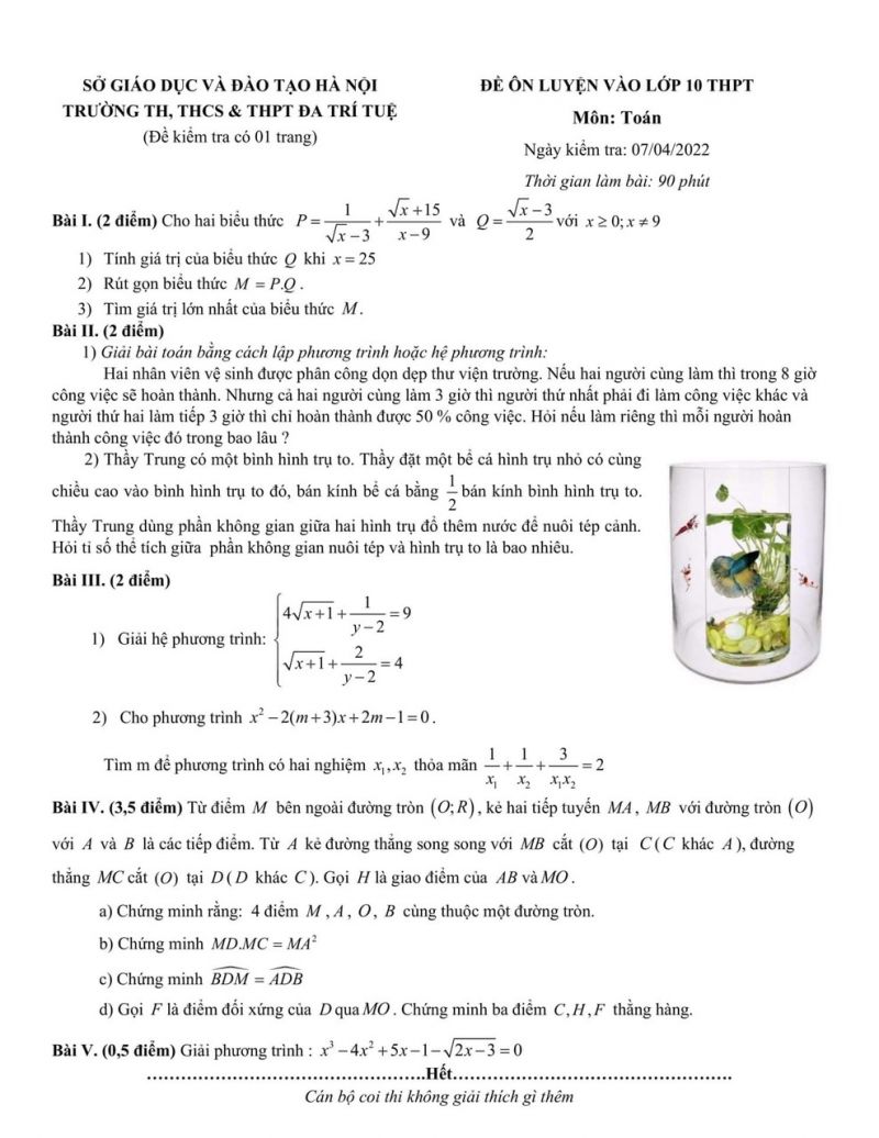 Đề ôn luyện vào lớp 10 THPT môn Toán Trường THCS &amp; THPT Đa Trí Tuệ, Hà Nội năm 2022