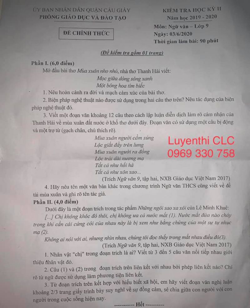 Đề kiểm tra học kì II môn Ngữ văn lớp 9 - quận Cầu Giấy (Hà Nội) năm học 2019 - 2020