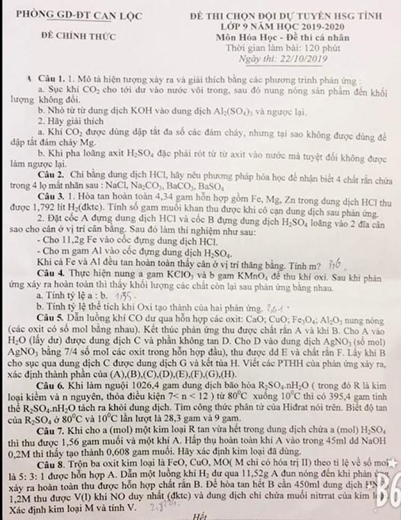 Đề thi chọn đội dự tuyển HSG môn Hóa Học lớp 9 huyện Can Lộc, tỉnh Hà Tĩnh năm 2019