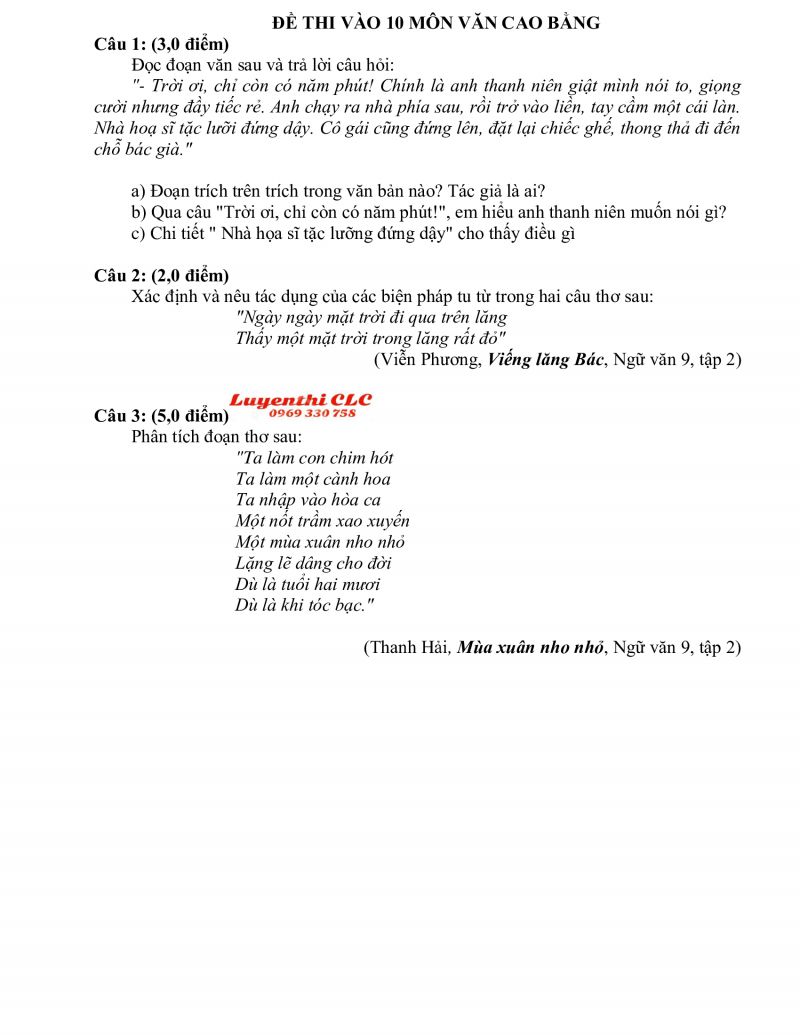 Đề thi tuyển sinh v&agrave;o lớp 10 m&ocirc;n Ngữ Văn tỉnh Cao Bằng