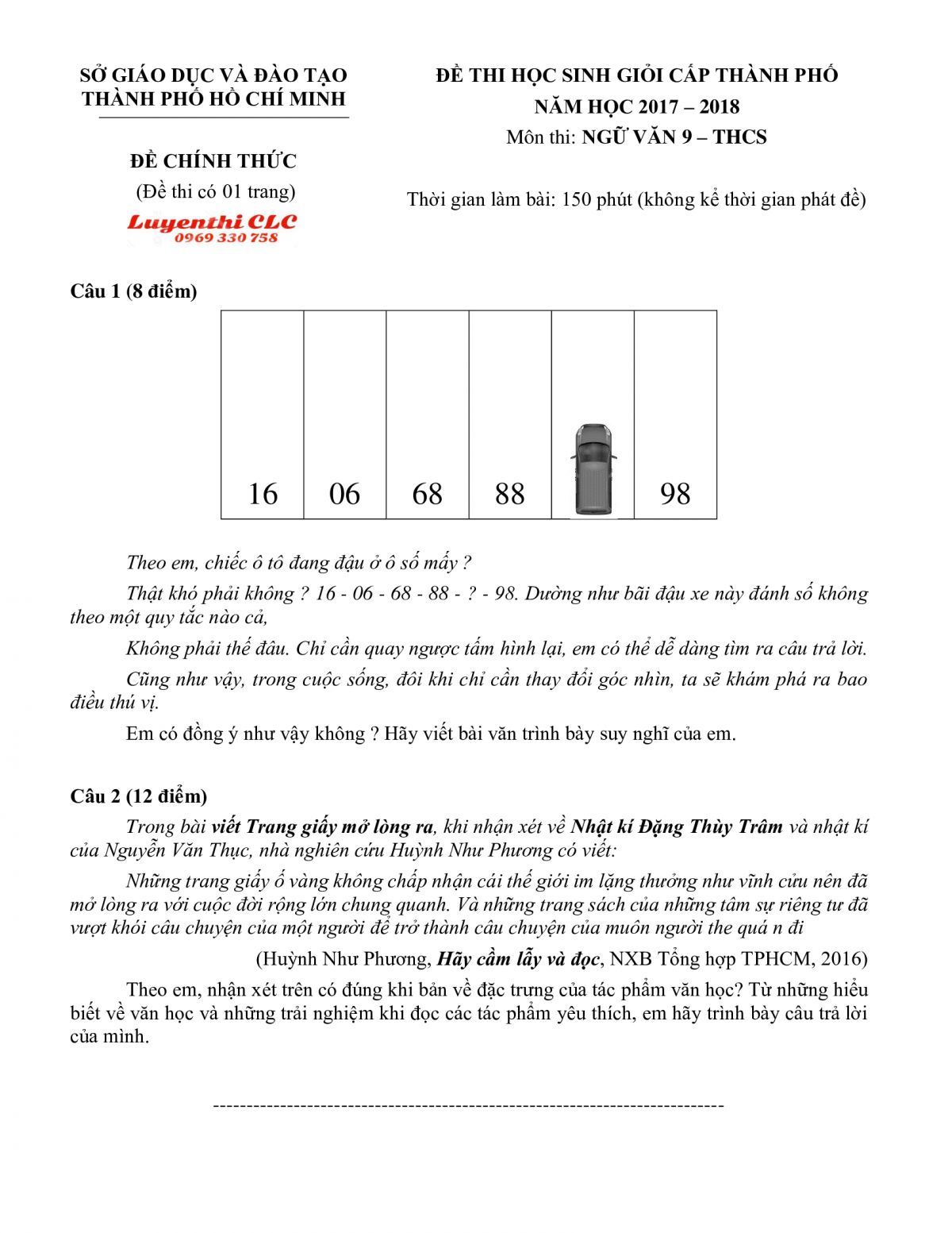 Đề thi HSG m&ocirc;n Ngữ Văn lớp 9 THCS tại Th&agrave;nh phố Hồ Ch&iacute; Minh năm 2018