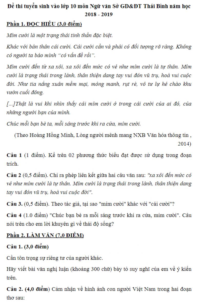 Đề thi tuyển sinh v&agrave;o lớp 10 m&ocirc;n Ngữ Văn tỉnh Th&aacute;i B&igrave;nh năm 2018