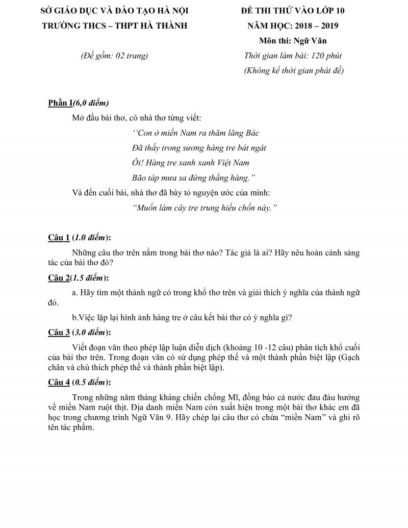 Đề thi thử v&agrave;o lớp 10 m&ocirc;n Ngữ Văn Trường THCS - THPT H&agrave; Th&agrave;nh tại H&agrave; Nội năm 2018