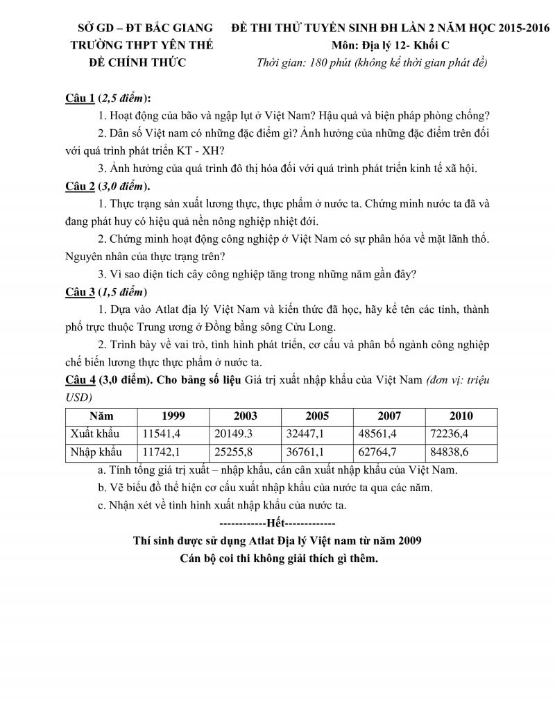 Đề thi thử tuyển sinh ĐH lần 2 và đáp án môn Địa Lý 12 - Khối C, Trường THPT Yên Thế tỉnh Bắc Giang năm 2015