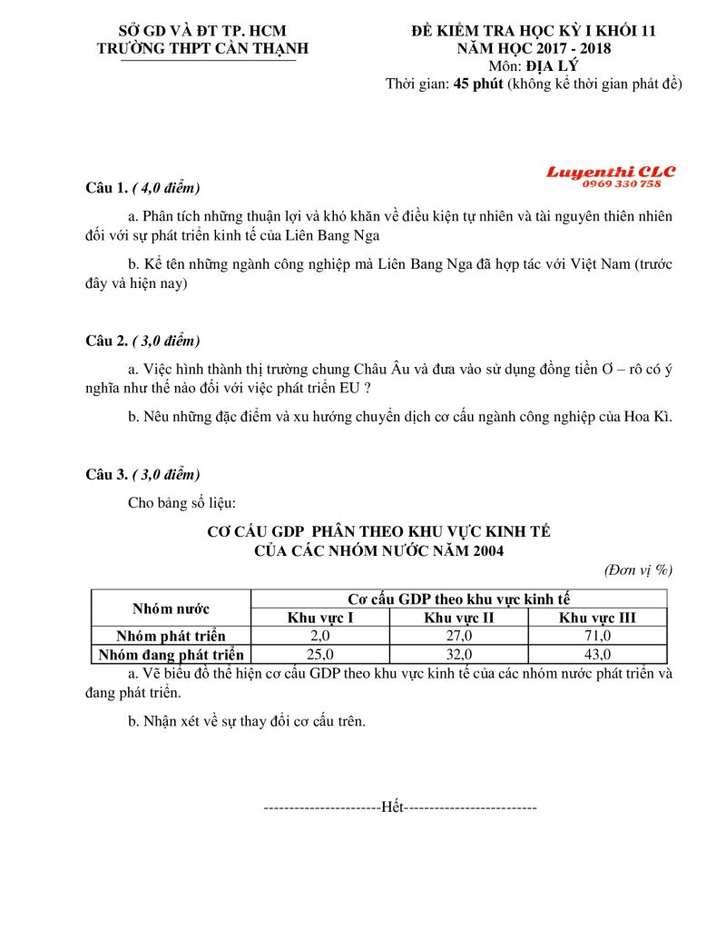 Đề kiểm tra học kì I khối 11 môn Địa Lý Trường THPT Cần Thạnh TP. Hồ Chí Minh năm 2017