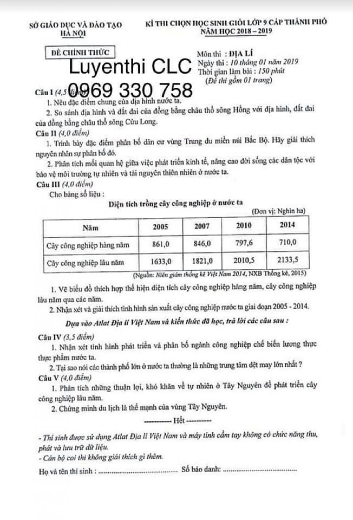 Đề thi chọn HSG lớp 9 cấp thành phố môn Địa Lí tại Hà Nội năm 2019