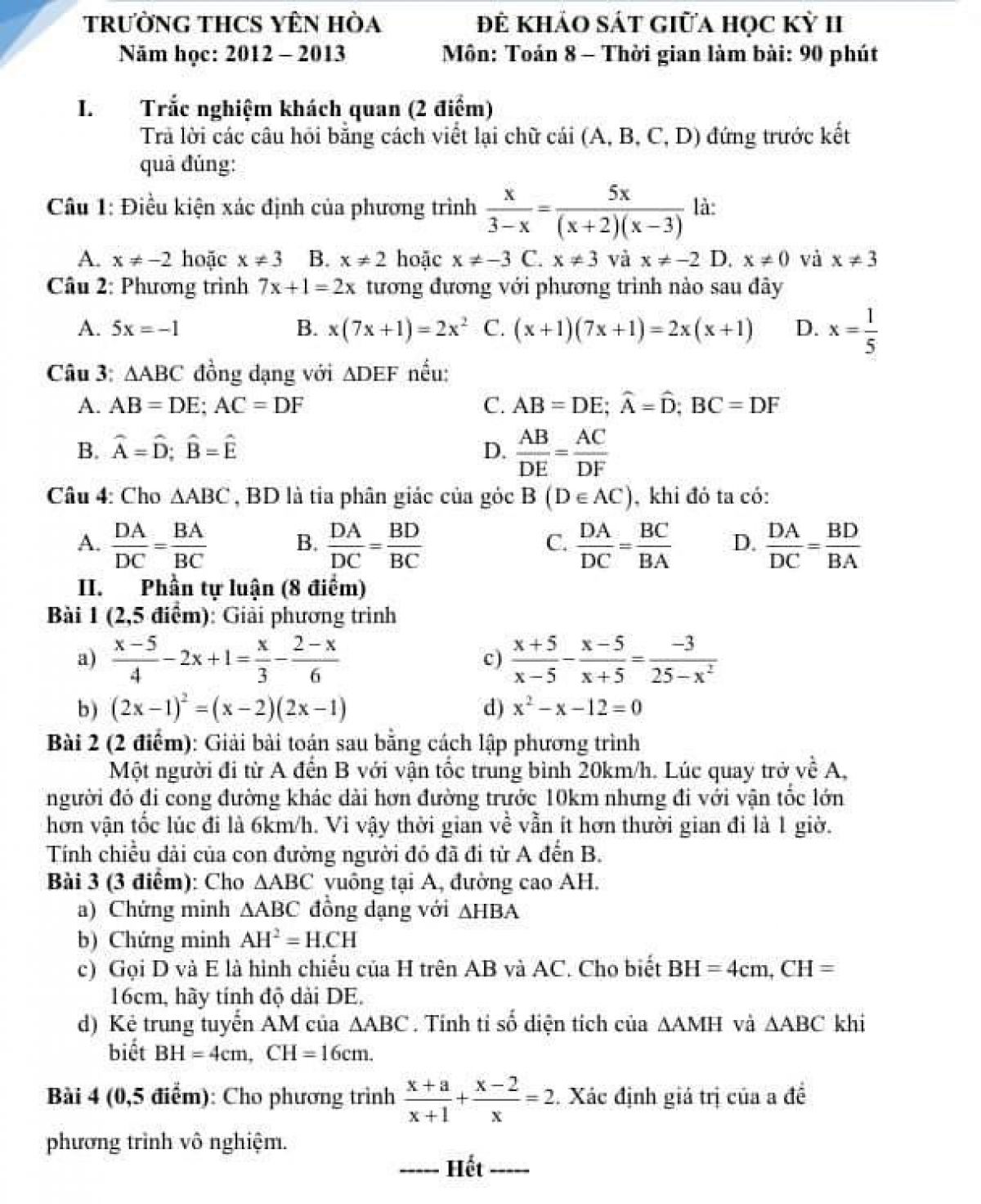 Đề khảo s&aacute;t giữa học k&igrave; II m&ocirc;n To&aacute;n lớp 8 Trường THCS Y&ecirc;n H&ograve;a, quận Cầu Giấy, H&agrave; Nội năm 2012