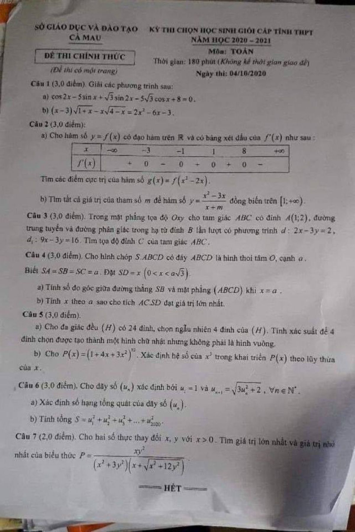 Đề thi chọn HSG cấp tỉnh THPT m&ocirc;n To&aacute;n tỉnh C&agrave; Mau năm 2020