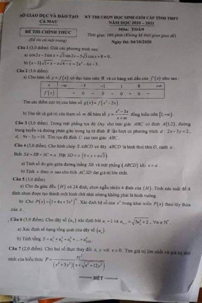Đề thi chọn HSG cấp tỉnh THPT môn Toán tỉnh Cà Mau năm 2020