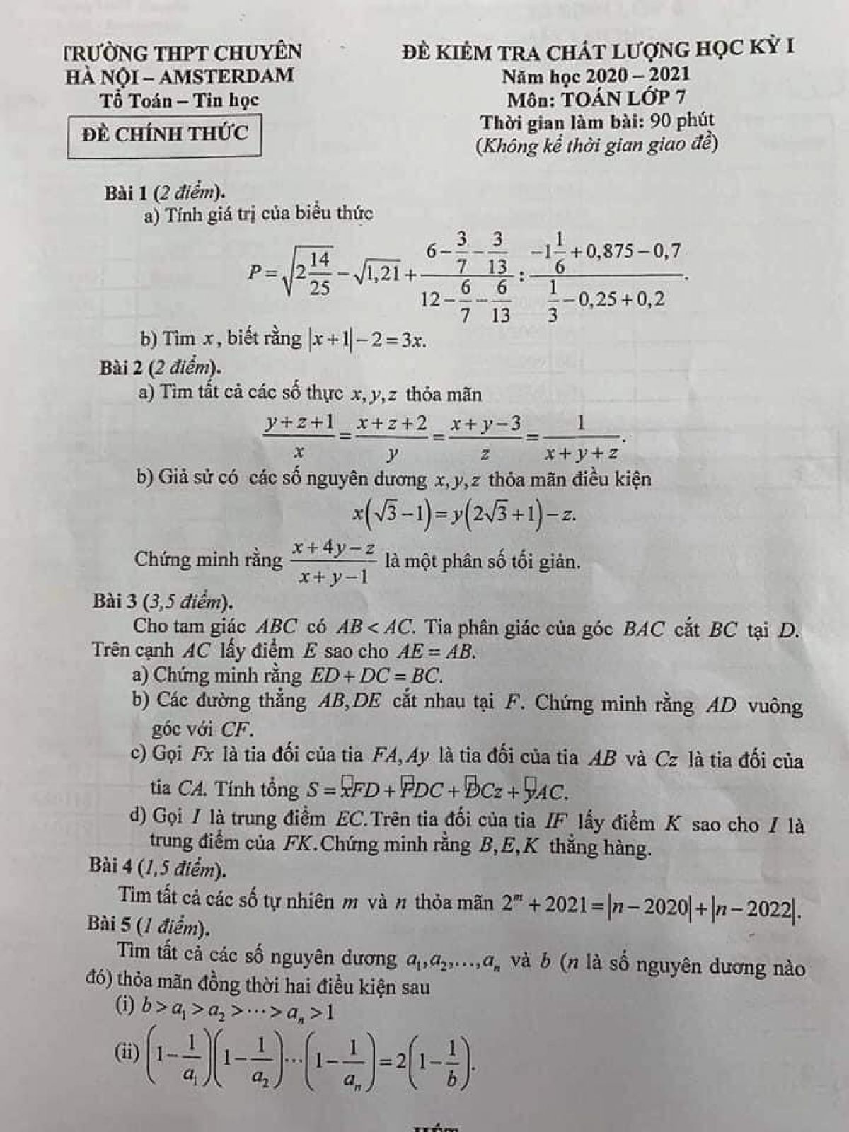 Đề kiểm tra chất lượng học k&igrave; I m&ocirc;n To&aacute;n lớp 7 Trường THPT CHUY&Ecirc;N H&agrave; Nội - Amsterdam năm 2020