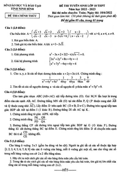 Đề thi tuyển sinh vào lớp 10 THPT môn Toán Chuyên tỉnh Ninh Bình năm 2022
