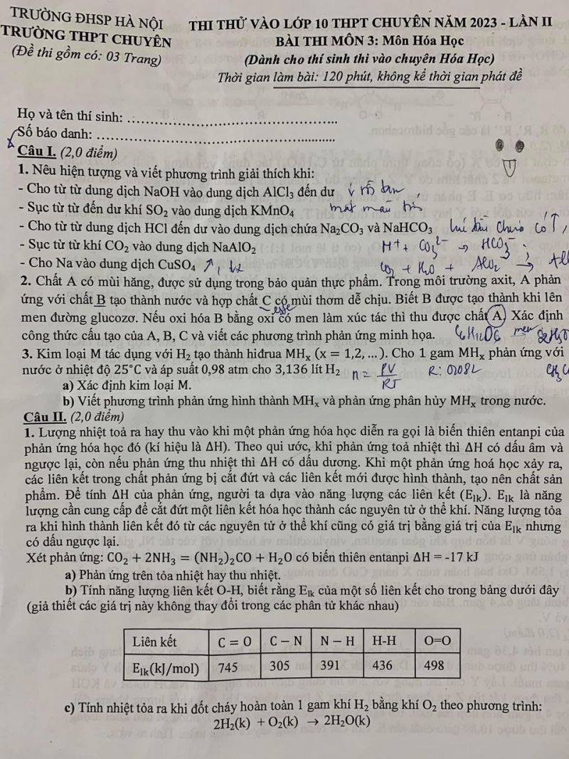 Đề thi thử v&agrave;o lớp 10 THPT CHUY&Ecirc;N m&ocirc;n H&oacute;a Học lần 2 Trường THPT CHUY&Ecirc;N ĐHSP H&agrave; Nội năm 2023