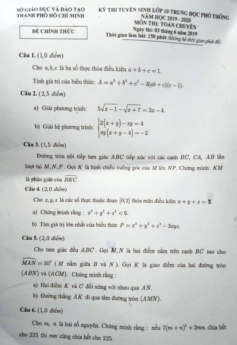 Đề thi tuyển sinh vào lớp 10 THPT CHUYÊN môn Toán thành phố Hồ Chí Minh năm 2019