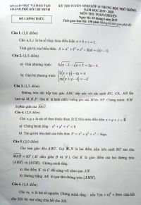 Đề thi tuyển sinh v&agrave;o lớp 10 THPT CHUY&Ecirc;N m&ocirc;n To&aacute;n th&agrave;nh phố Hồ Ch&iacute; Minh năm 2019