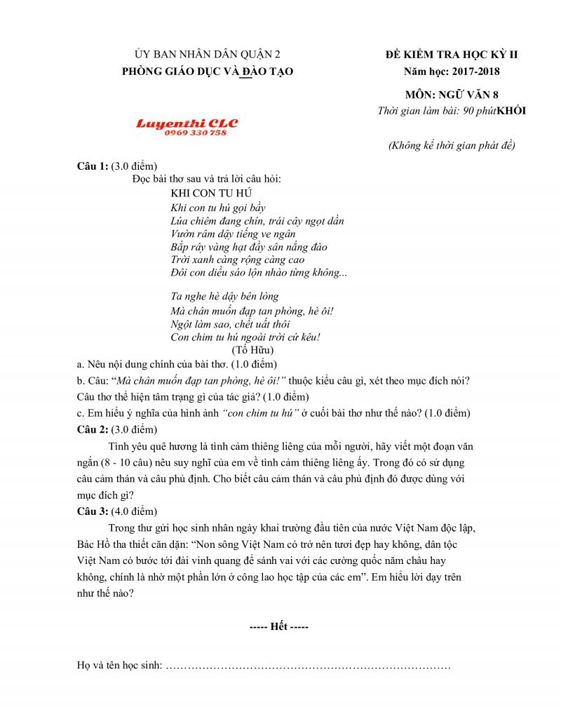 Đề kiểm tra học k&igrave; II m&ocirc;n Ngữ Văn lớp 8 TP. Hồ Ch&iacute; Minh năm 2018