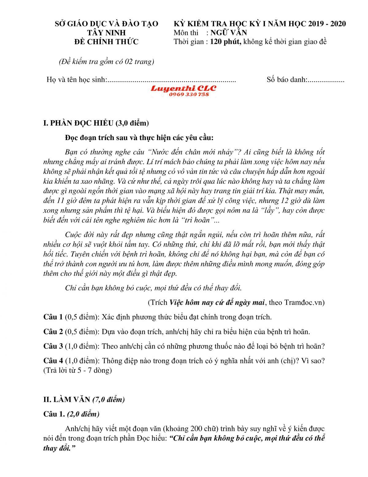 Đề kiểm tra chất lượng học k&igrave; I m&ocirc;n Ngữ Văn tỉnh T&acirc;y Ninh năm 2019