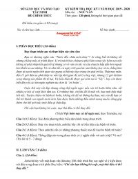 Đề kiểm tra chất lượng học k&igrave; I m&ocirc;n Ngữ Văn tỉnh T&acirc;y Ninh năm 2019