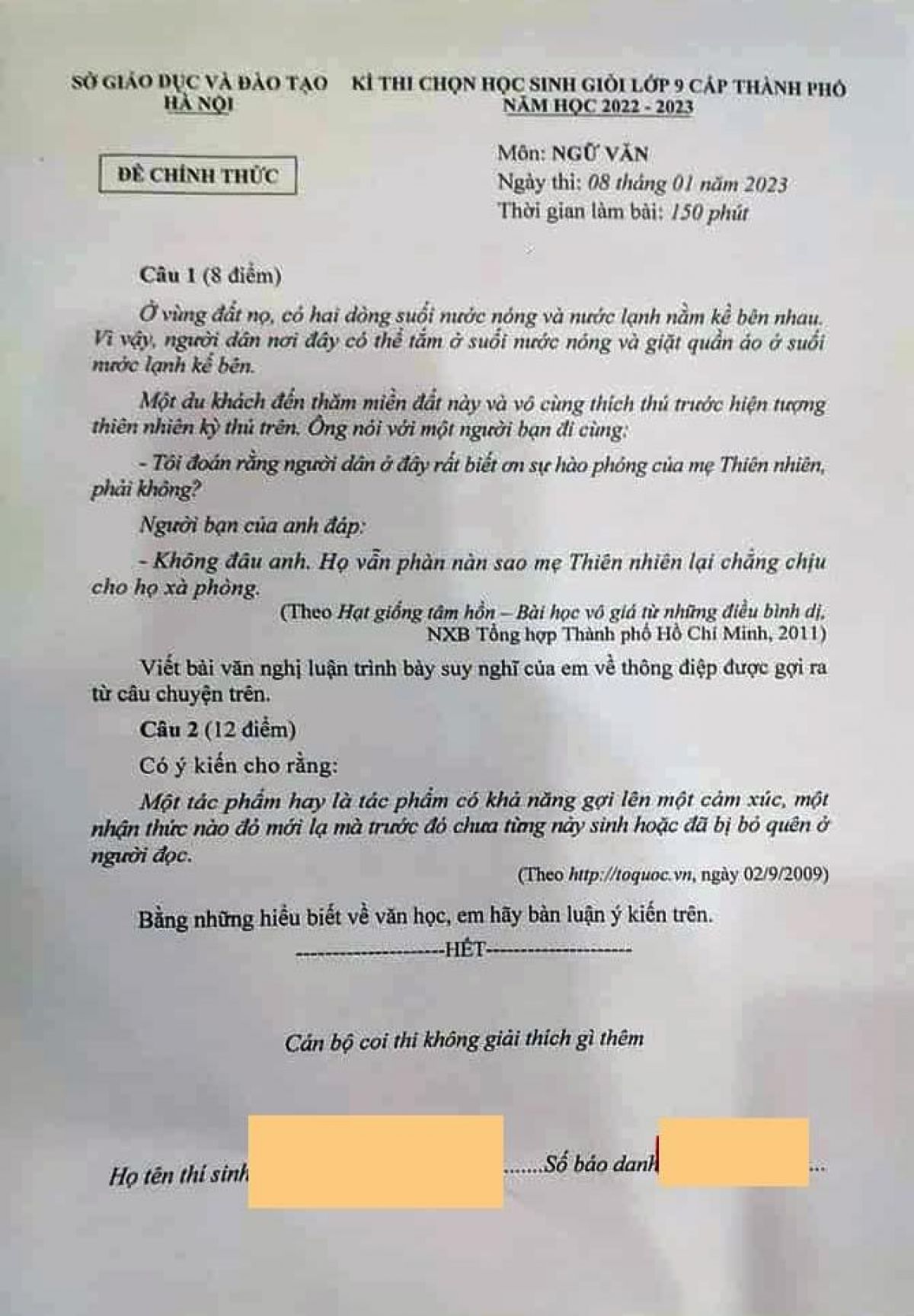 Đề thi chọn HSG m&ocirc;n Ngữ Văn lớp 9 th&agrave;nh phố H&agrave; Nội năm 2023