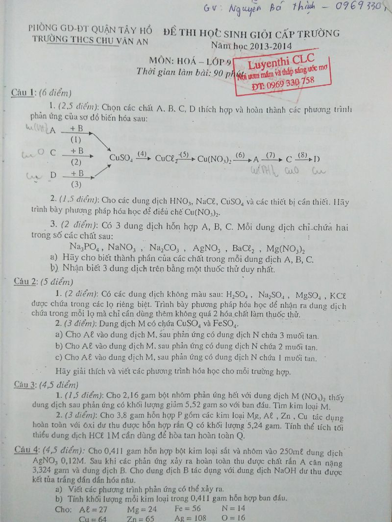Đề thi HSG cấp trường m&ocirc;n H&oacute;a Học lớp 9 quận T&acirc;y Hồ năm 2013