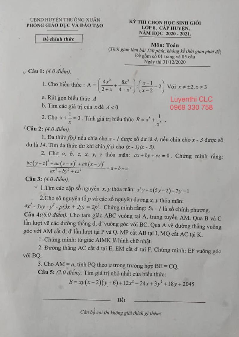 Đề thi chọn HSG cấp huyện m&ocirc;n To&aacute;n lớp 8 huyện Thường Xu&acirc;n tỉnh Thanh H&oacute;a năm 2020