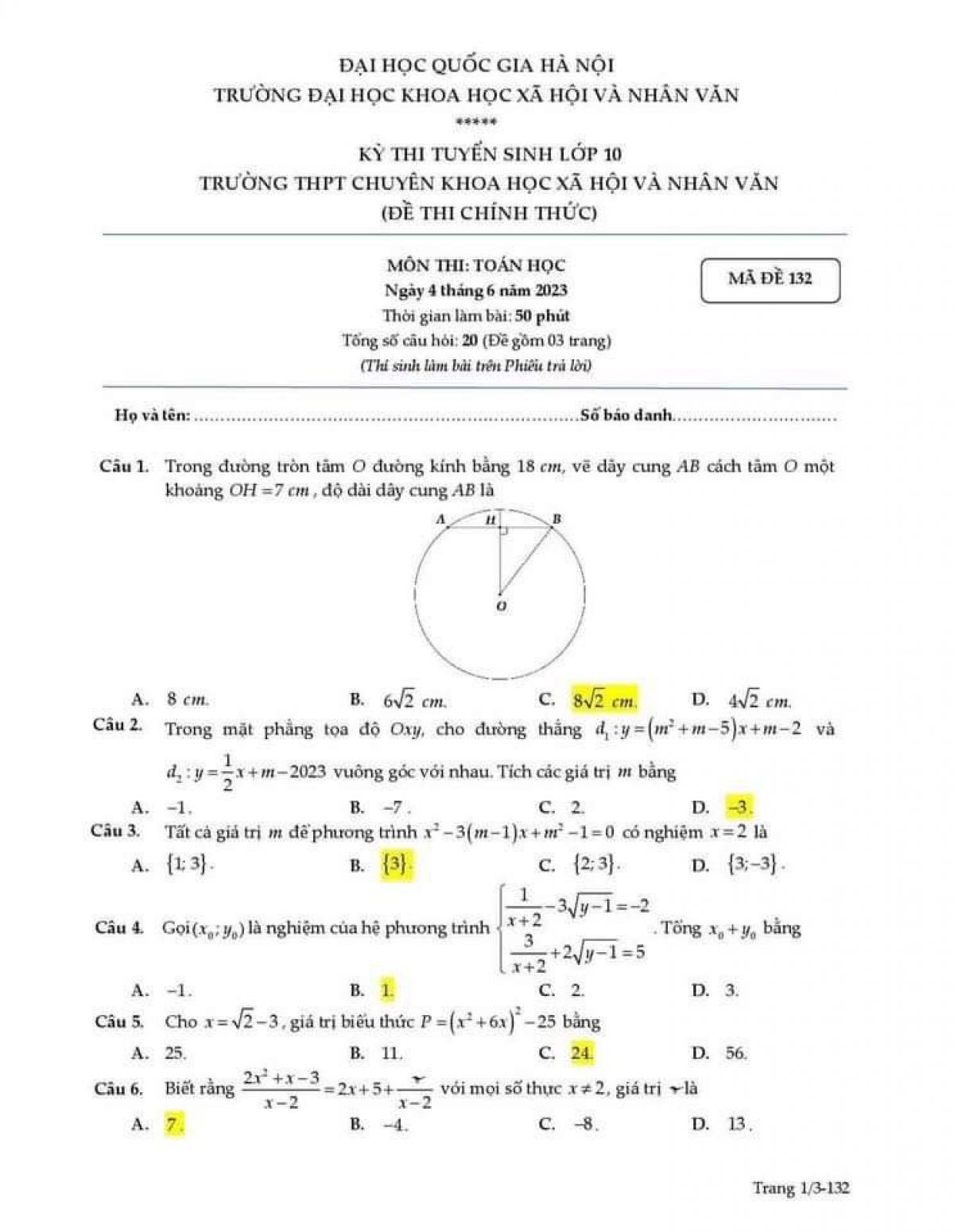 Đề tuyển sinh v&agrave;o lớp 10 v&agrave; đ&aacute;p &aacute;n m&ocirc;n H&oacute;a Học Trường Đại học Khoa học X&atilde; hội v&agrave; Nh&acirc;n văn, H&agrave; Nội năm 2023