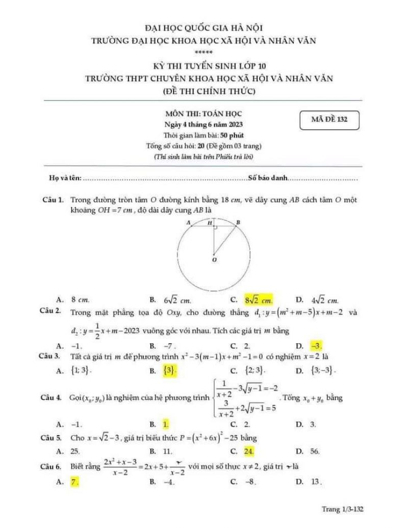 Đề tuyển sinh vào lớp 10 và đáp án môn Hóa Học Trường Đại học Khoa học Xã hội và Nhân văn, Hà Nội năm 2023