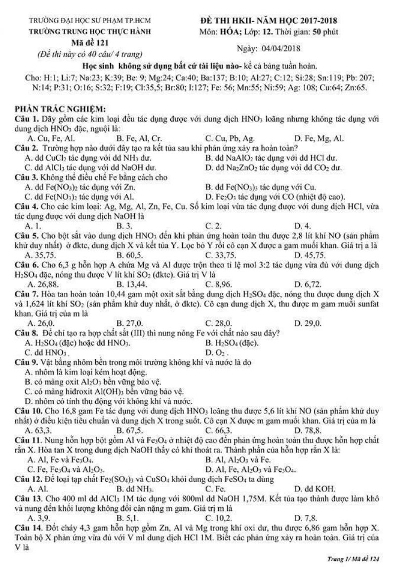 Đề thi kiểm tra học k&igrave; II m&ocirc;n H&oacute;a Học lớp 12 Trường Trung học thực h&agrave;nh năm 2018