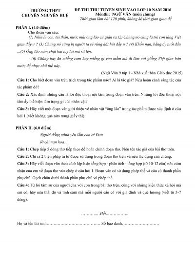Đề thi thử tuyển sinh vào lớp 10 THPT và đáp án môn Ngữ Văn Trường THPT CHUYÊN Nguyễn Huệ, Hà Nội năm 2016