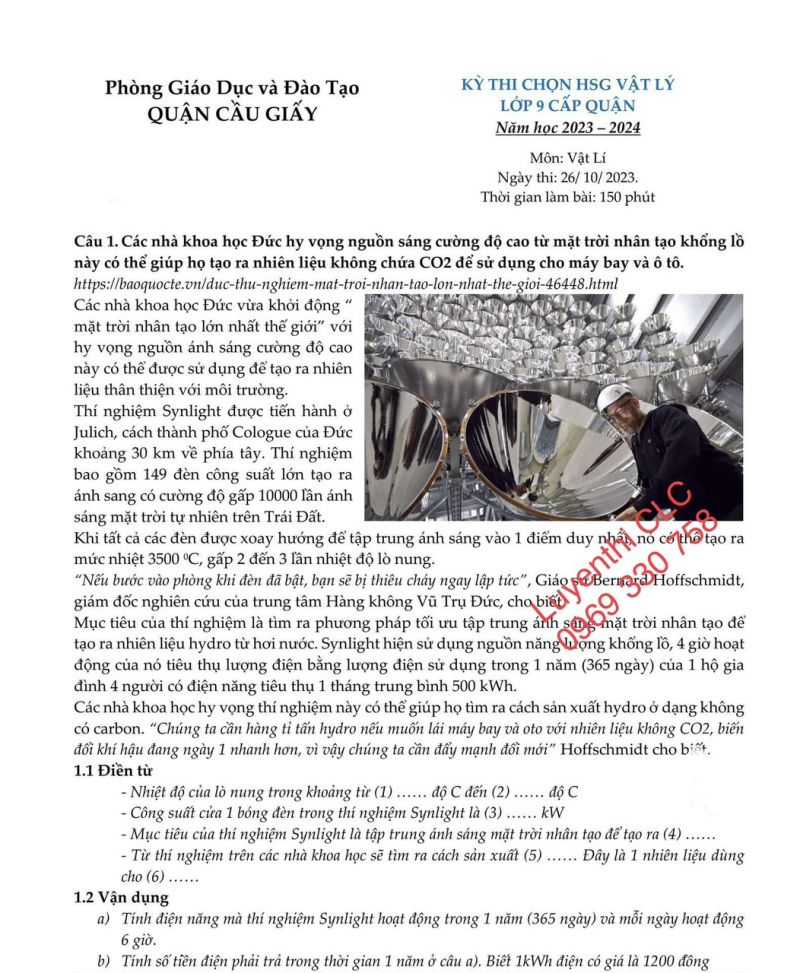 Đề thi chọn HSG môn Vật Lí lớp 9 quận Cầu Giấy, Hà Nội năm 2023