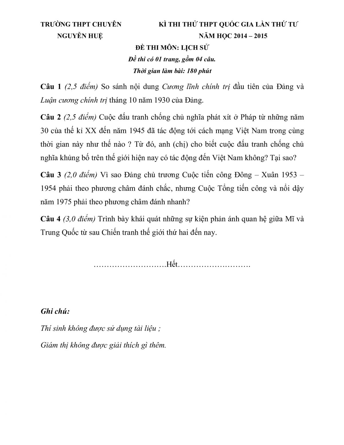 Đề thi thử THPT Quốc Gia v&agrave; đ&aacute;p &aacute;n m&ocirc;n Lịch Sử Trường THPT CHUY&Ecirc;N Nguyễn Huệ năm 2014