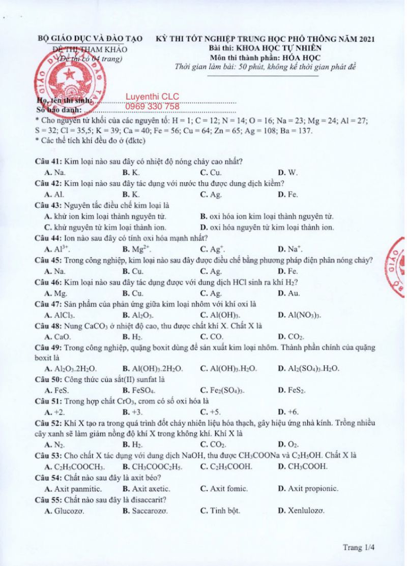 Đề thi tốt nghiệp trung học phổ th&ocirc;ng m&ocirc;n H&oacute;a Học năm 2021 (Đề tham khảo)