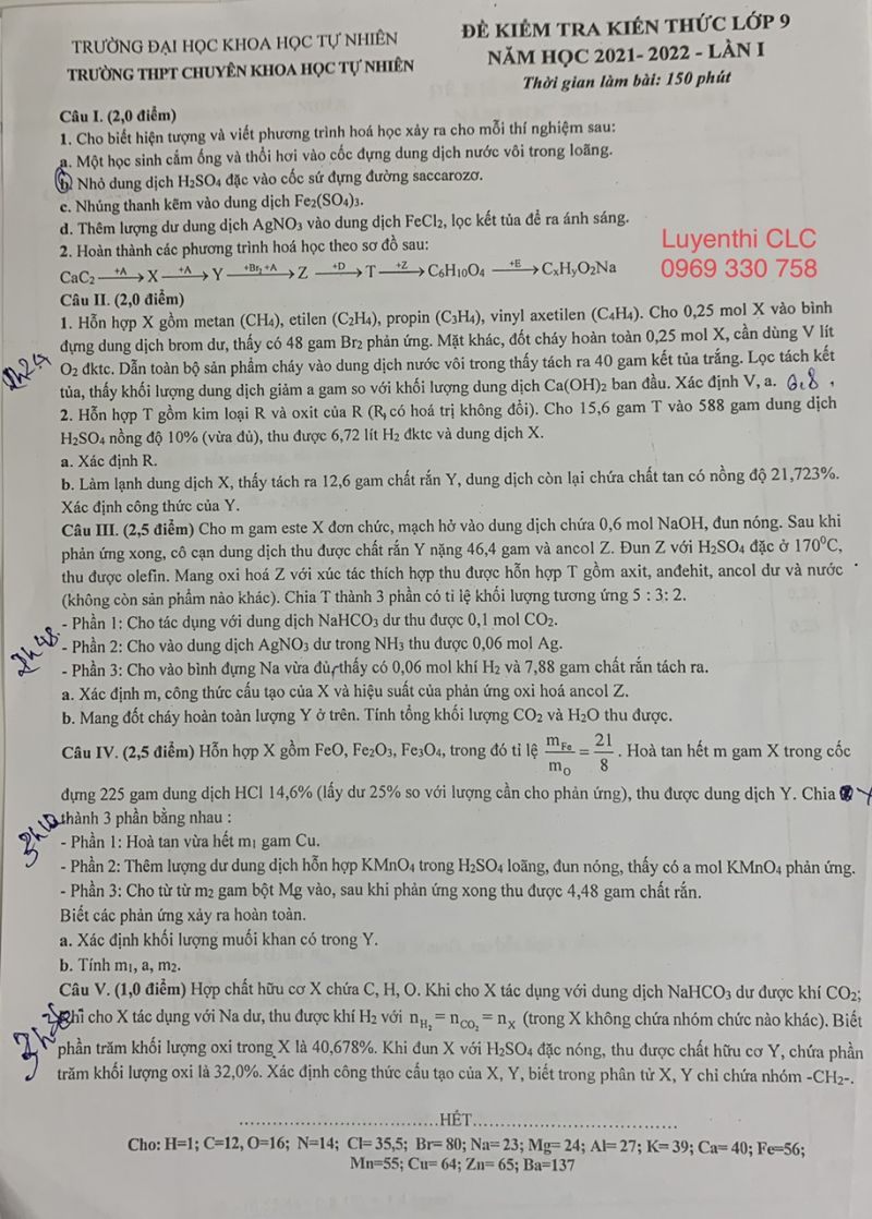 Đề kiểm tra kiến thức và đáp án môn Hóa Học lớp 9 Trường THPT CHUYÊN KHTN, Hà Nội năm 2022