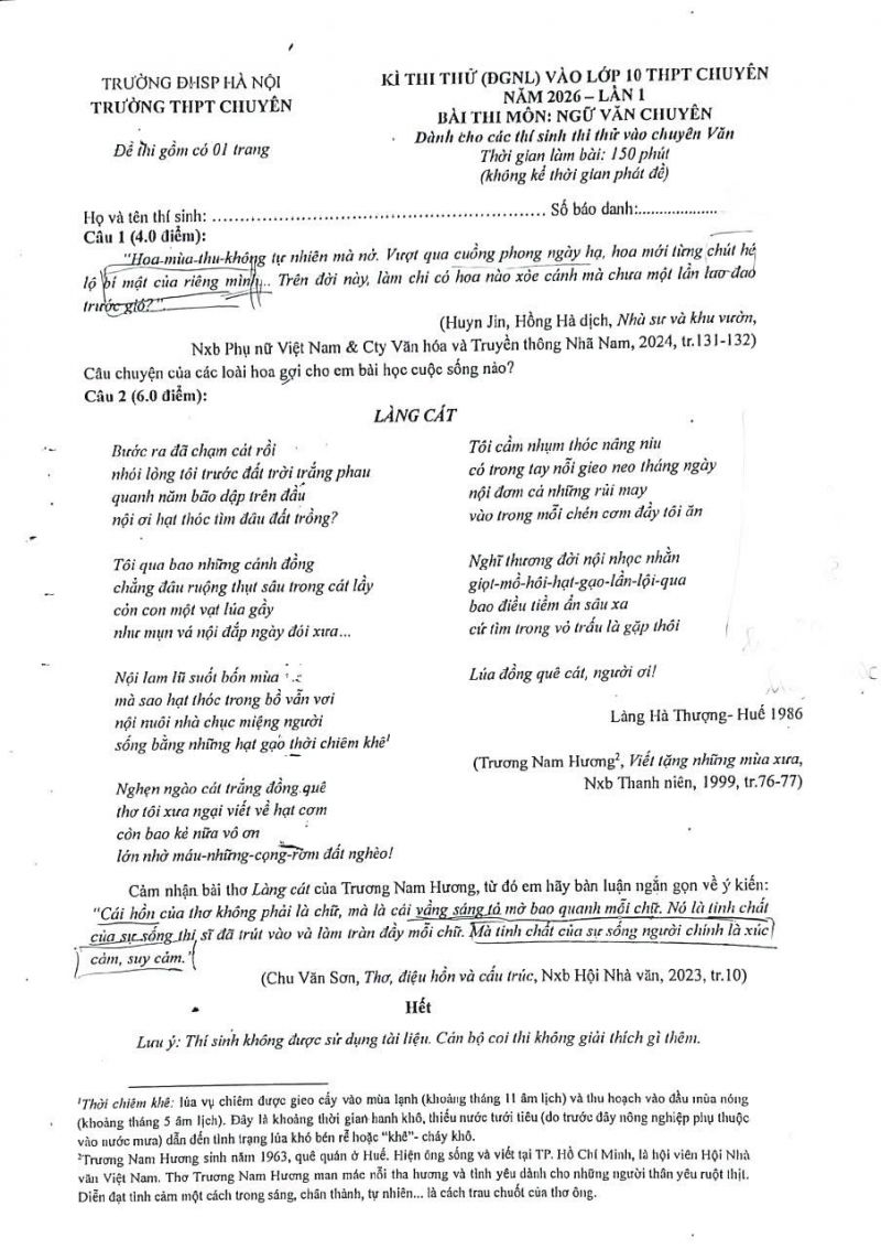Đề thi thử Ngữ văn chuy&ecirc;n, Trường THPT chuy&ecirc;n Sư phạm lần 1 năm 2026