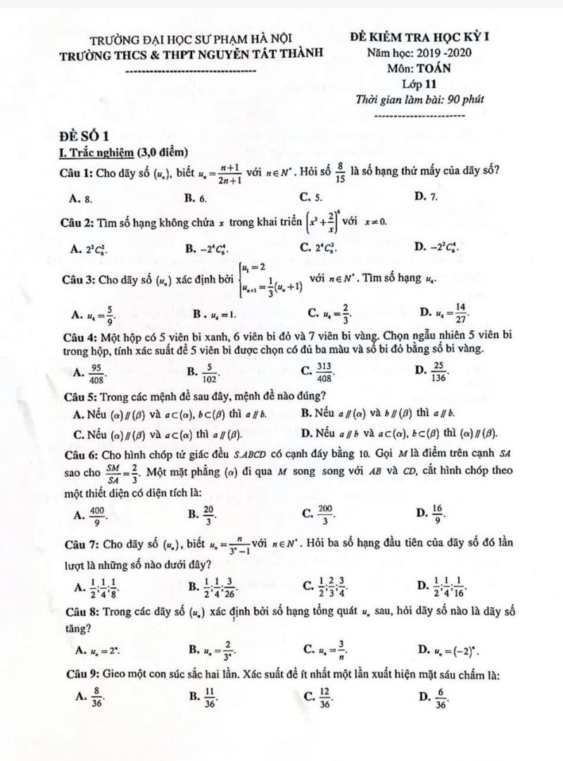 Đề kiểm tra học k&igrave; I m&ocirc;n To&aacute;n lớp 11 Trường THCS &amp; THPT Nguyễn Tất Th&agrave;nh năm 2020