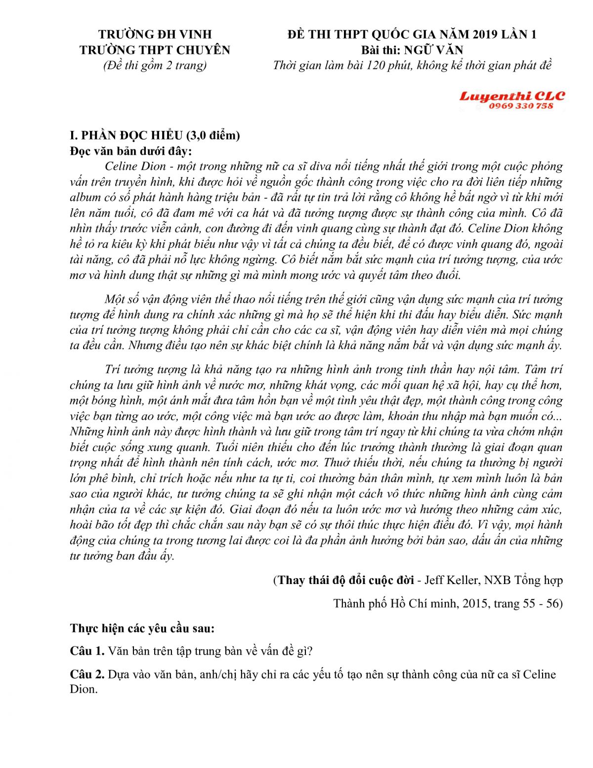 Đề thi thử THPT Quốc Gia lần 1 m&ocirc;n Ngữ Văn Trường THPT CHUY&Ecirc;N Đại học Vinh năm 2019