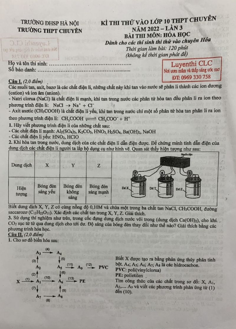 Đề thi thử vào lớp 10 THPT CHUYÊN môn Hóa Học Trường Đại học Sư phạm Hà Nội năm 2022