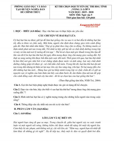 Đề thi chọn đội tuyển dự thi HSG môn Ngữ Văn lớp 9 - Vòng 2 huyện Nghĩa Đàn, tỉnh Nghệ An năm 2020