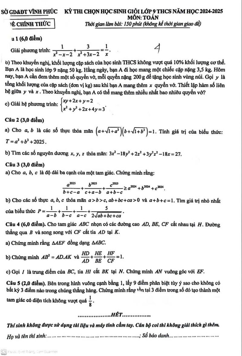Đề thi HSG lớp 9 môn Toán năm 2024-2025, sở GD&amp;ĐT Vĩnh Phúc