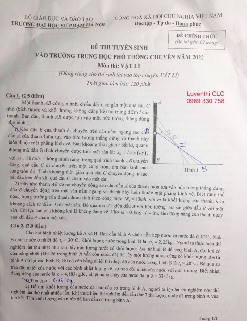 Đề thi tuyển sinh vào lớp 10 THPT CHUYÊN môn Vật Lý Trường Đại học Sư phạm Hà Nội năm 2022