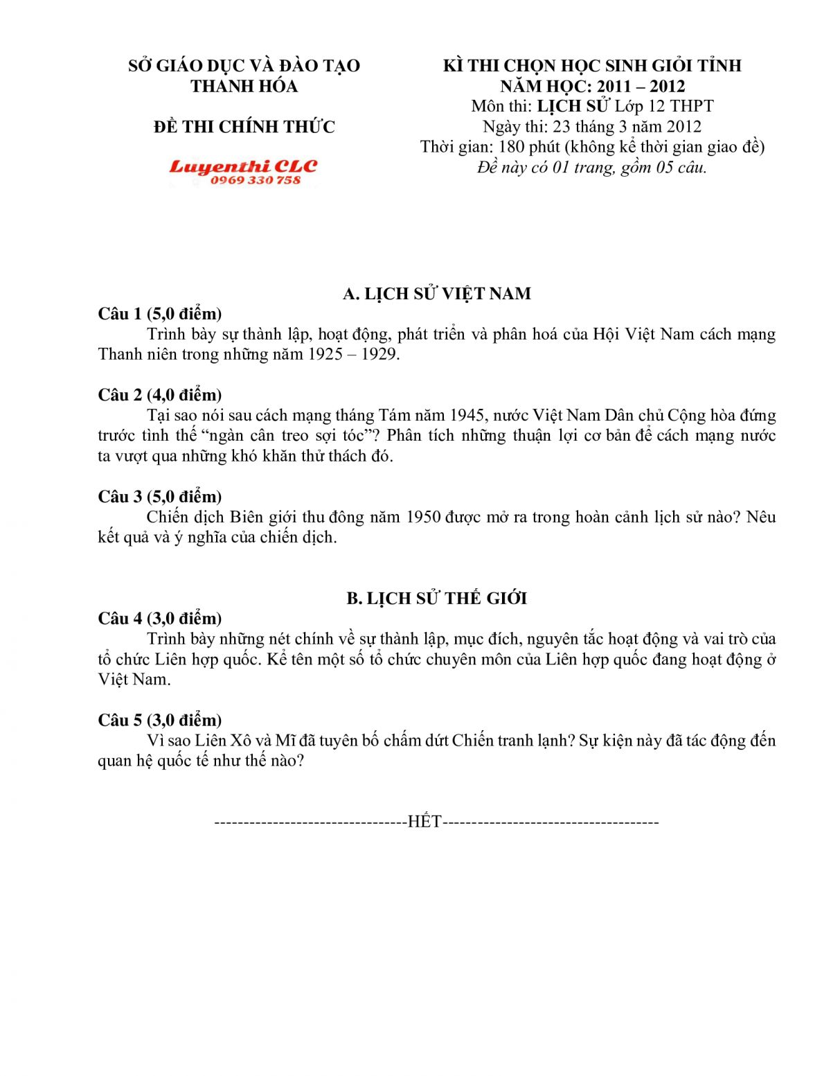 Đề thi chọn HSG m&ocirc;n Lịch Sử lớp 12 THPT tỉnh Thanh H&oacute;a năm 2012
