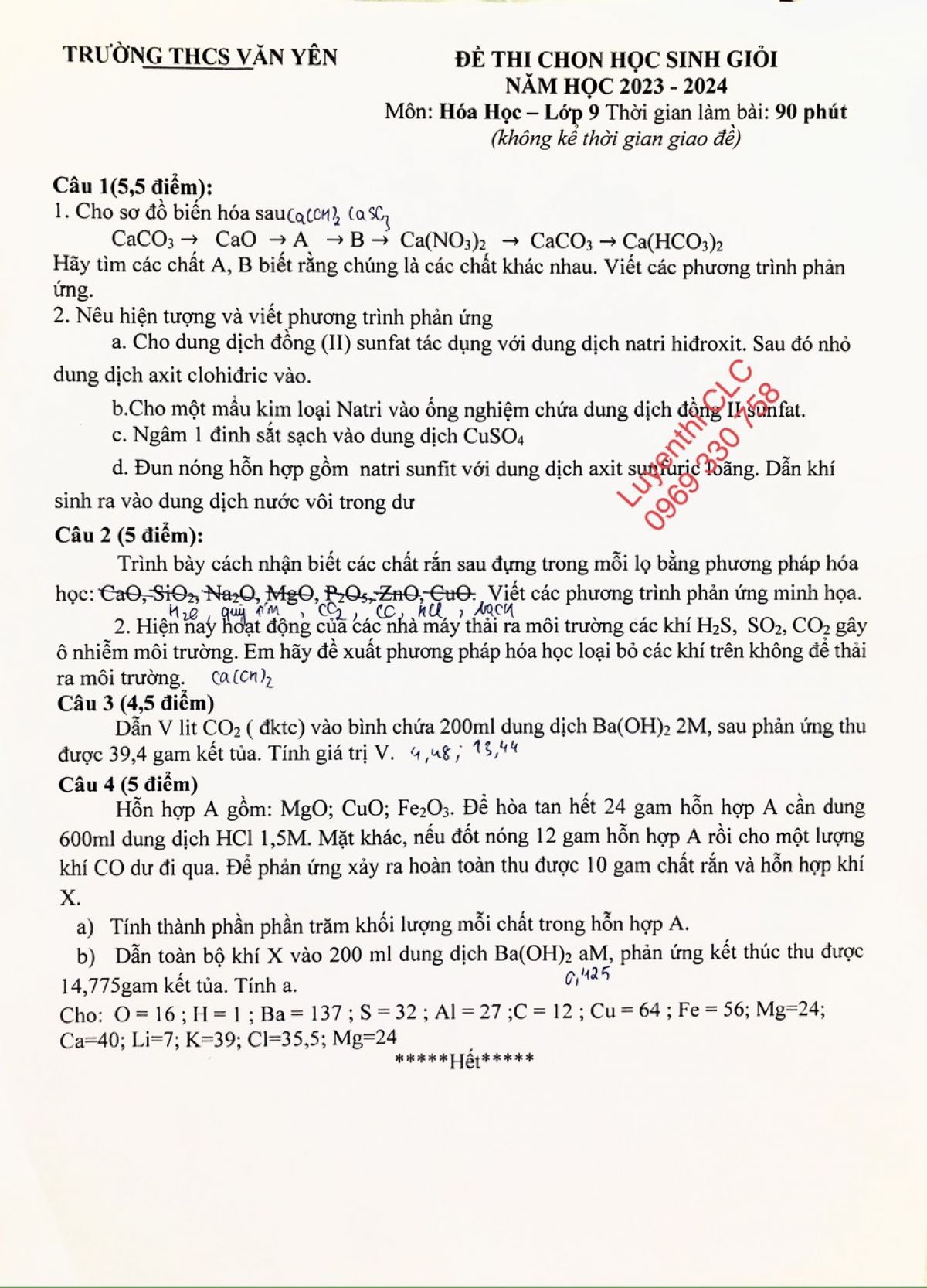 Đề thi chọn HSG m&ocirc;n H&oacute;a Học lớp 9 Trường THCS Văn Y&ecirc;n năm 2023
