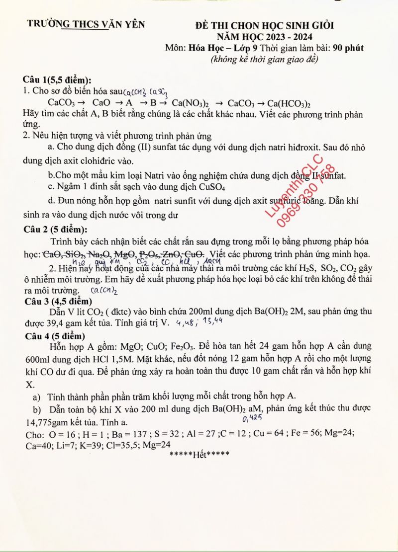 Đề thi chọn HSG m&ocirc;n H&oacute;a Học lớp 9 Trường THCS Văn Y&ecirc;n năm 2023