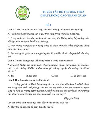 Tuyển tập đề trường THCS chất lượng cao Thanh Xuân môn Ngữ văn